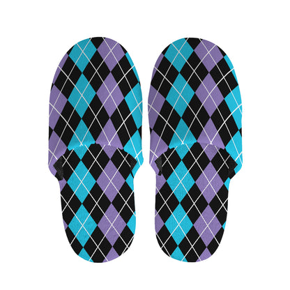 Black Purple And Blue Argyle Print Slippers