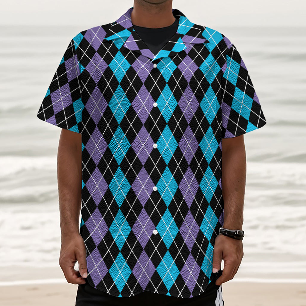 Black Purple And Blue Argyle Print Textured Short Sleeve Shirt