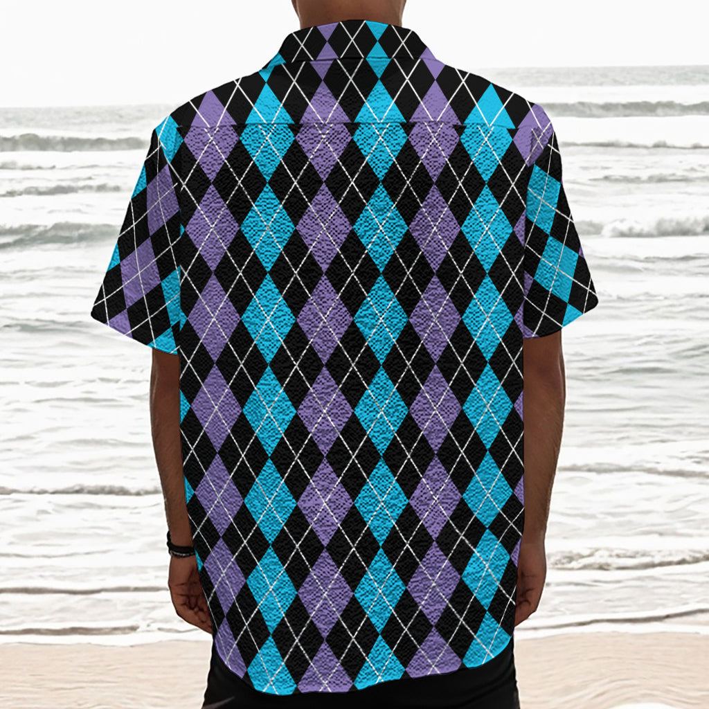 Black Purple And Blue Argyle Print Textured Short Sleeve Shirt