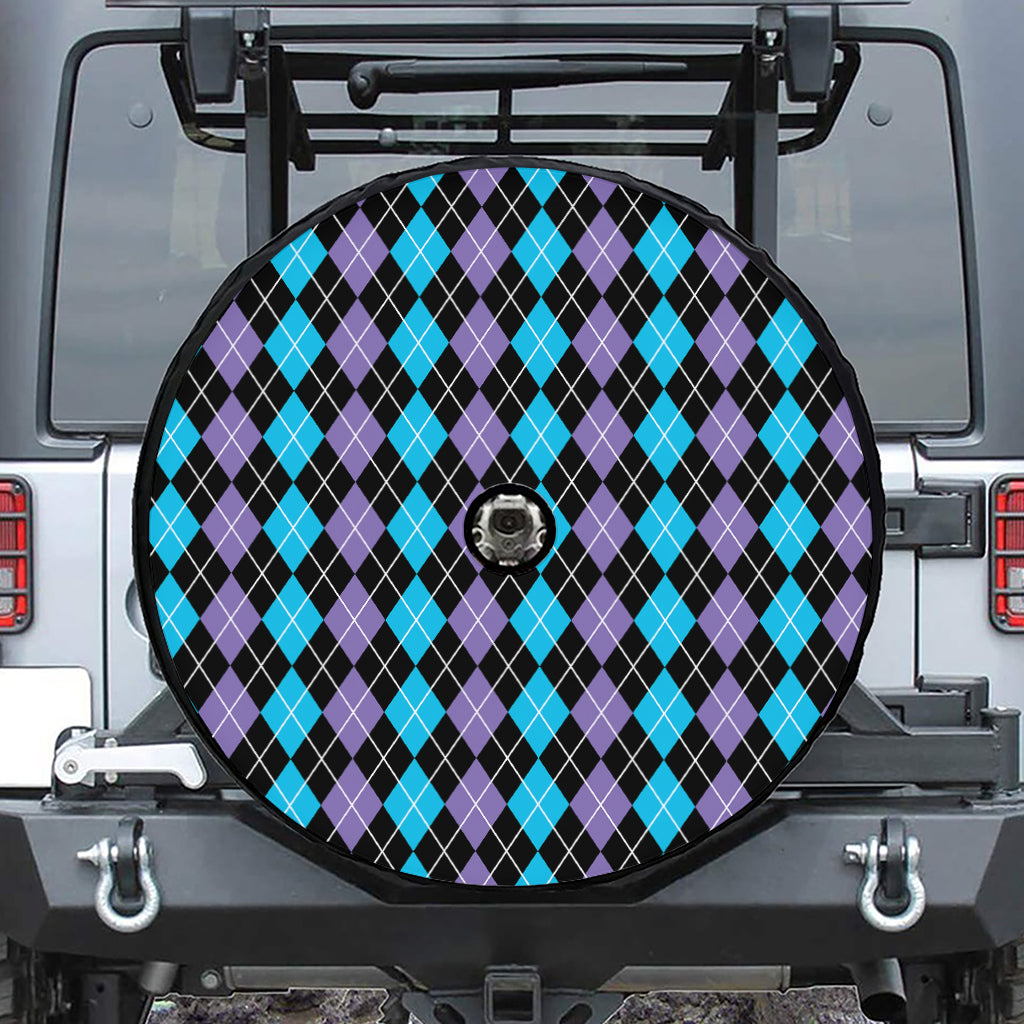 Black Purple And Blue Argyle Print Tire Cover With Camera Hole