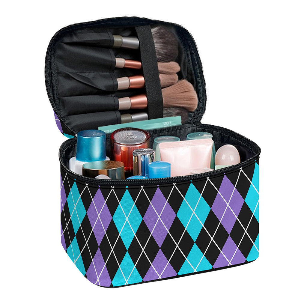 Black Purple And Blue Argyle Print Travel Makeup Bag