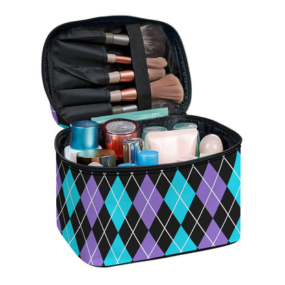 Black Purple And Blue Argyle Print Travel Makeup Bag