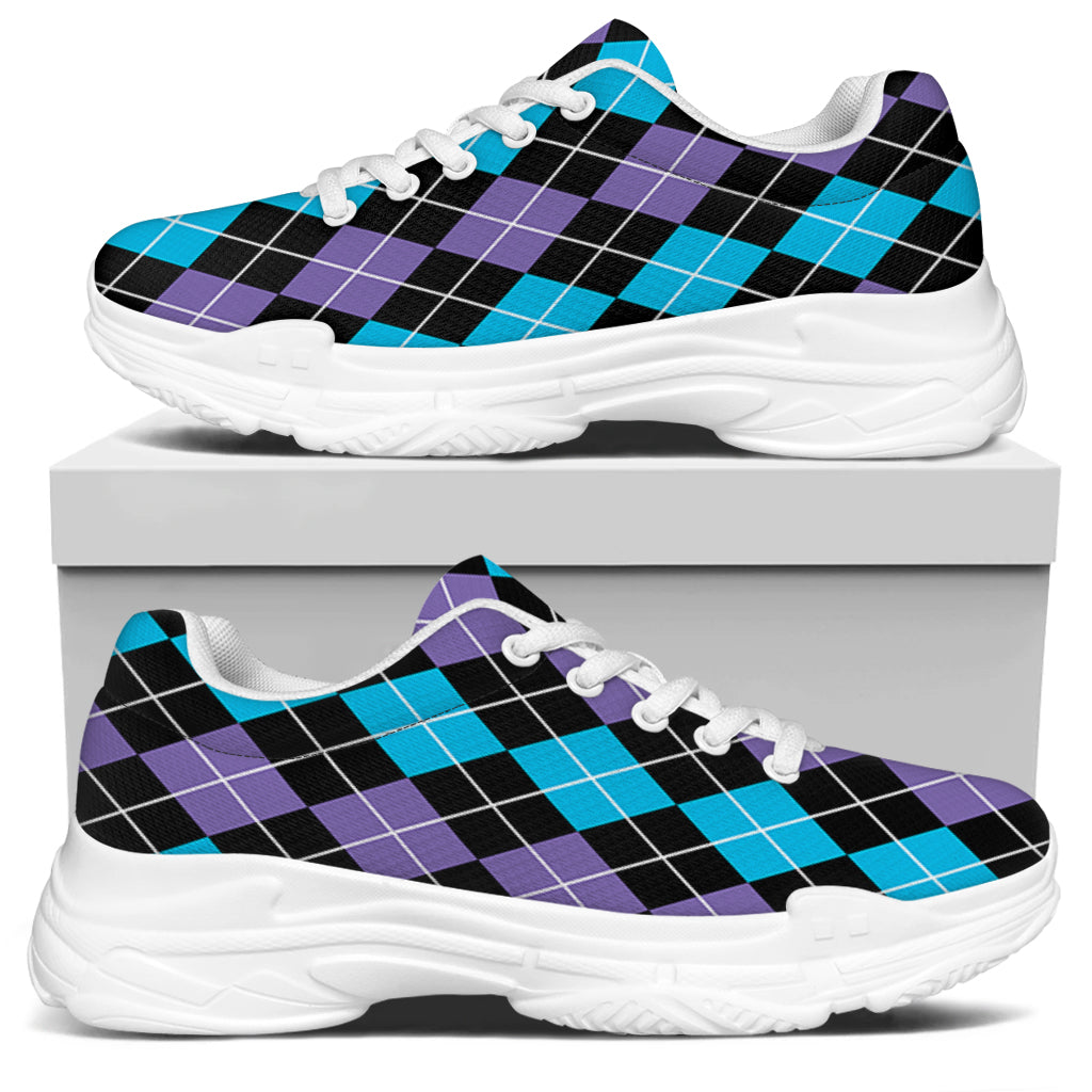 Black Purple And Blue Argyle Print White Chunky Shoes