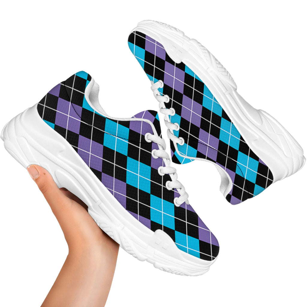 Black Purple And Blue Argyle Print White Chunky Shoes