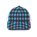 Black Purple And Blue Argyle Print White Mesh Trucker Cap