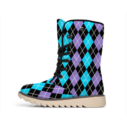 Black Purple And Blue Argyle Print Winter Boots