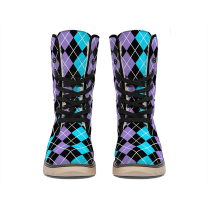Black Purple And Blue Argyle Print Winter Boots