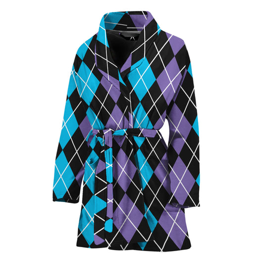 Black Purple And Blue Argyle Print Women's Bathrobe