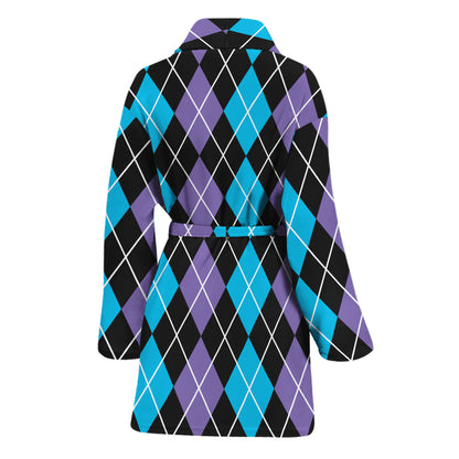 Black Purple And Blue Argyle Print Women's Bathrobe
