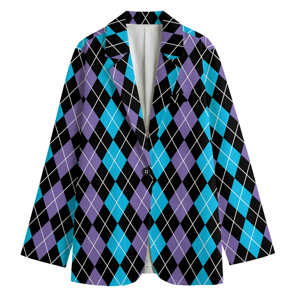 Black Purple And Blue Argyle Print Women's Blazer