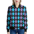 Black Purple And Blue Argyle Print Women's Bomber Jacket