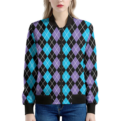 Black Purple And Blue Argyle Print Women's Bomber Jacket