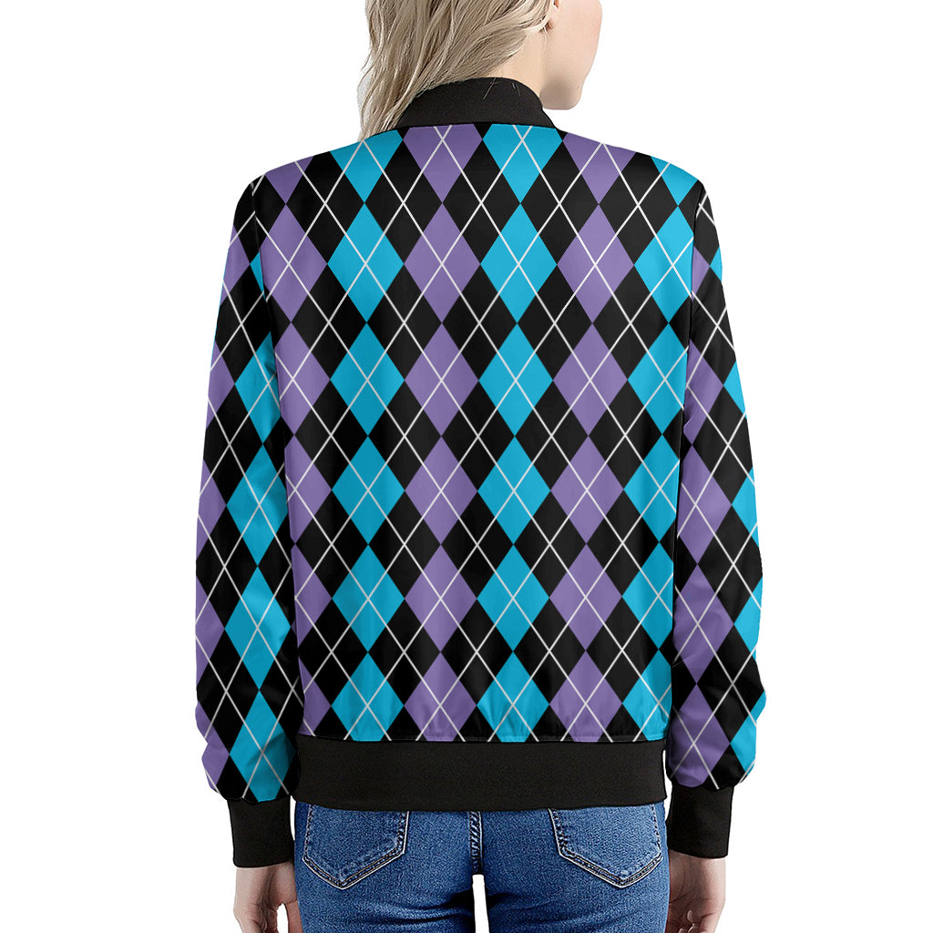 Black Purple And Blue Argyle Print Women's Bomber Jacket