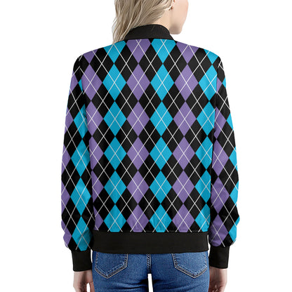 Black Purple And Blue Argyle Print Women's Bomber Jacket