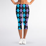 Black Purple And Blue Argyle Print Women's Capri Leggings