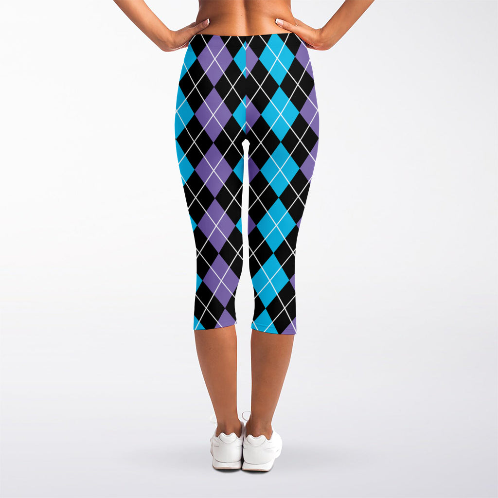 Black Purple And Blue Argyle Print Women's Capri Leggings