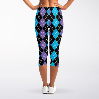 Black Purple And Blue Argyle Print Women's Capri Leggings