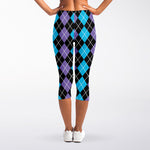 Black Purple And Blue Argyle Print Women's Capri Leggings