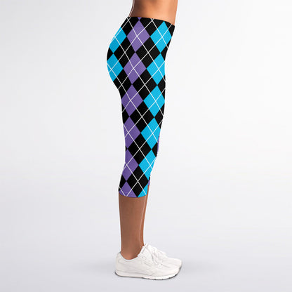 Black Purple And Blue Argyle Print Women's Capri Leggings