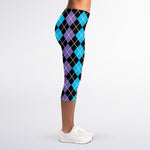 Black Purple And Blue Argyle Print Women's Capri Leggings