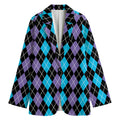 Black Purple And Blue Argyle Print Women's Cotton Blazer