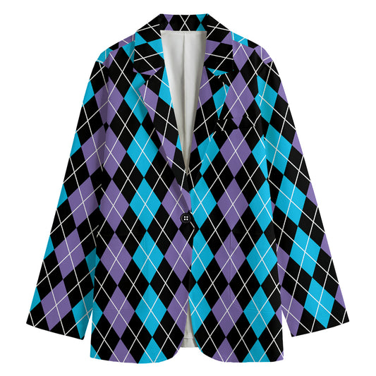 Black Purple And Blue Argyle Print Women's Cotton Blazer