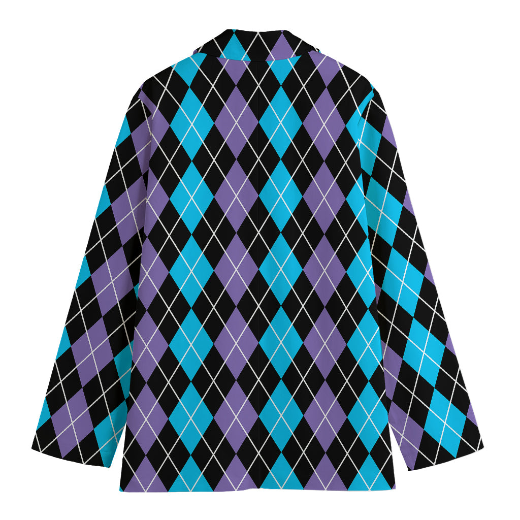 Black Purple And Blue Argyle Print Women's Cotton Blazer