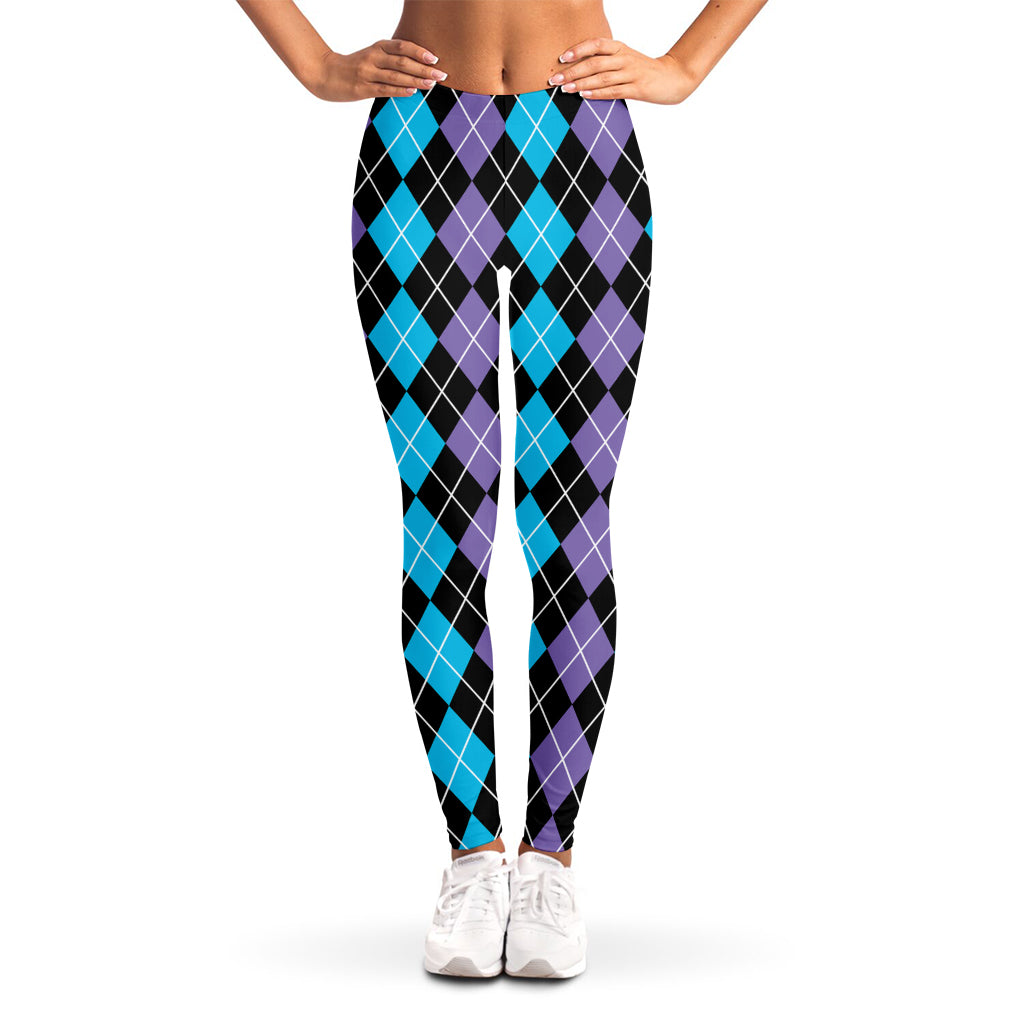 Black Purple And Blue Argyle Print Women's Leggings