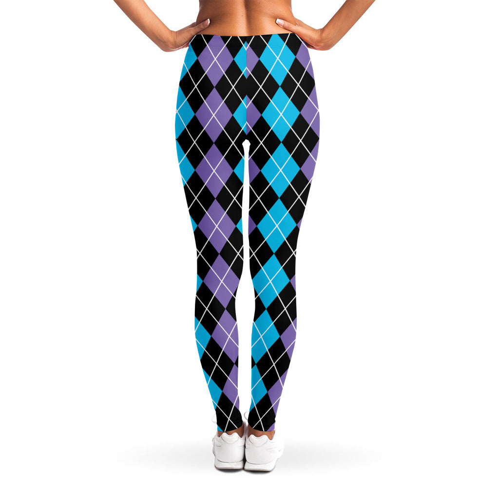 Black Purple And Blue Argyle Print Women's Leggings