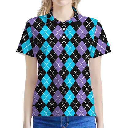 Black Purple And Blue Argyle Print Women's Polo Shirt