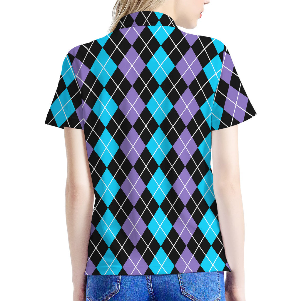 Black Purple And Blue Argyle Print Women's Polo Shirt