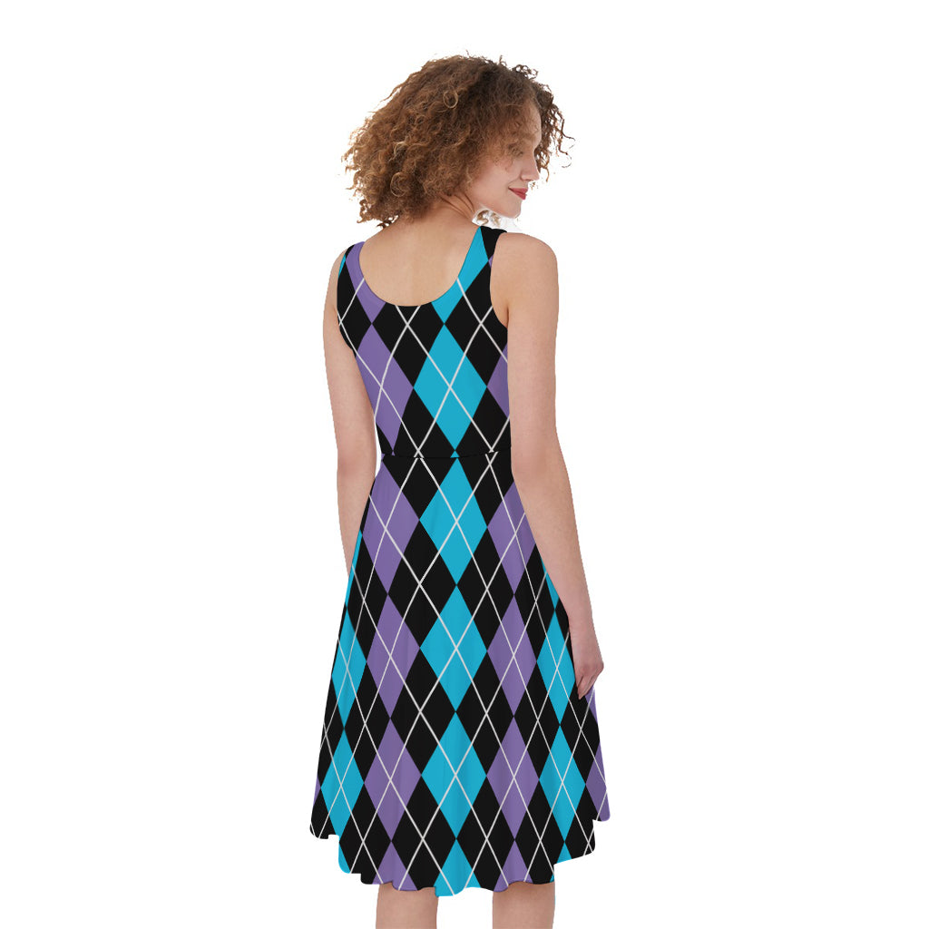 Black Purple And Blue Argyle Print Women's Sleeveless Dress
