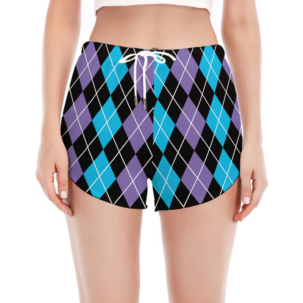 Black Purple And Blue Argyle Print Women's Split Running Shorts
