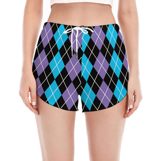 Black Purple And Blue Argyle Print Women's Split Running Shorts
