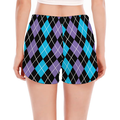 Black Purple And Blue Argyle Print Women's Split Running Shorts