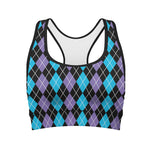 Black Purple And Blue Argyle Print Women's Sports Bra