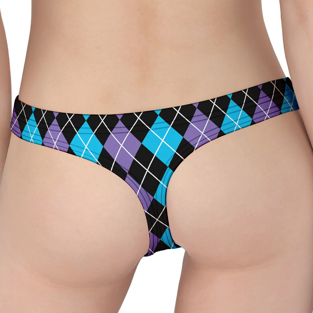 Black Purple And Blue Argyle Print Women's Thong