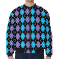 Black Purple And Blue Argyle Print Zip Sleeve Bomber Jacket