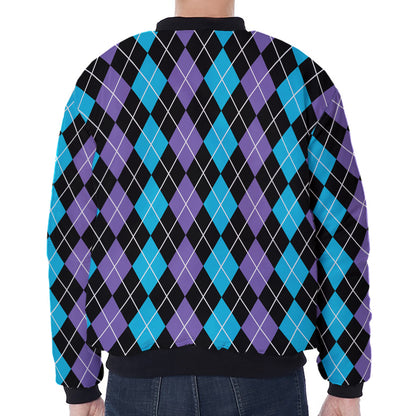 Black Purple And Blue Argyle Print Zip Sleeve Bomber Jacket