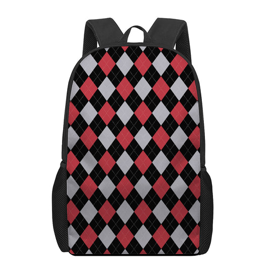 Black Red And Grey Argyle Pattern Print 17 Inch Backpack