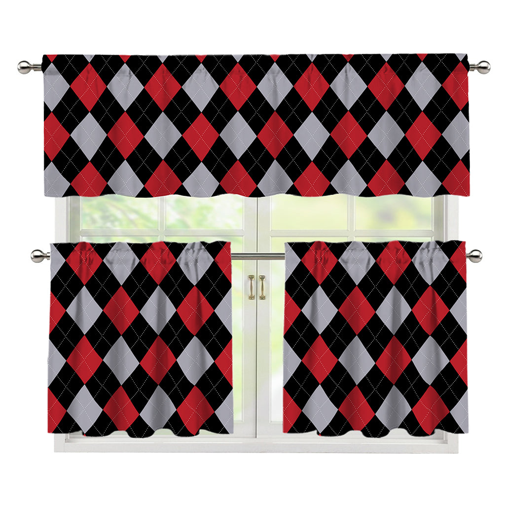 Black Red And Grey Argyle Pattern Print 3 Piece Kitchen Curtains