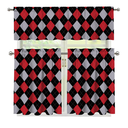 Black Red And Grey Argyle Pattern Print 3 Piece Kitchen Curtains