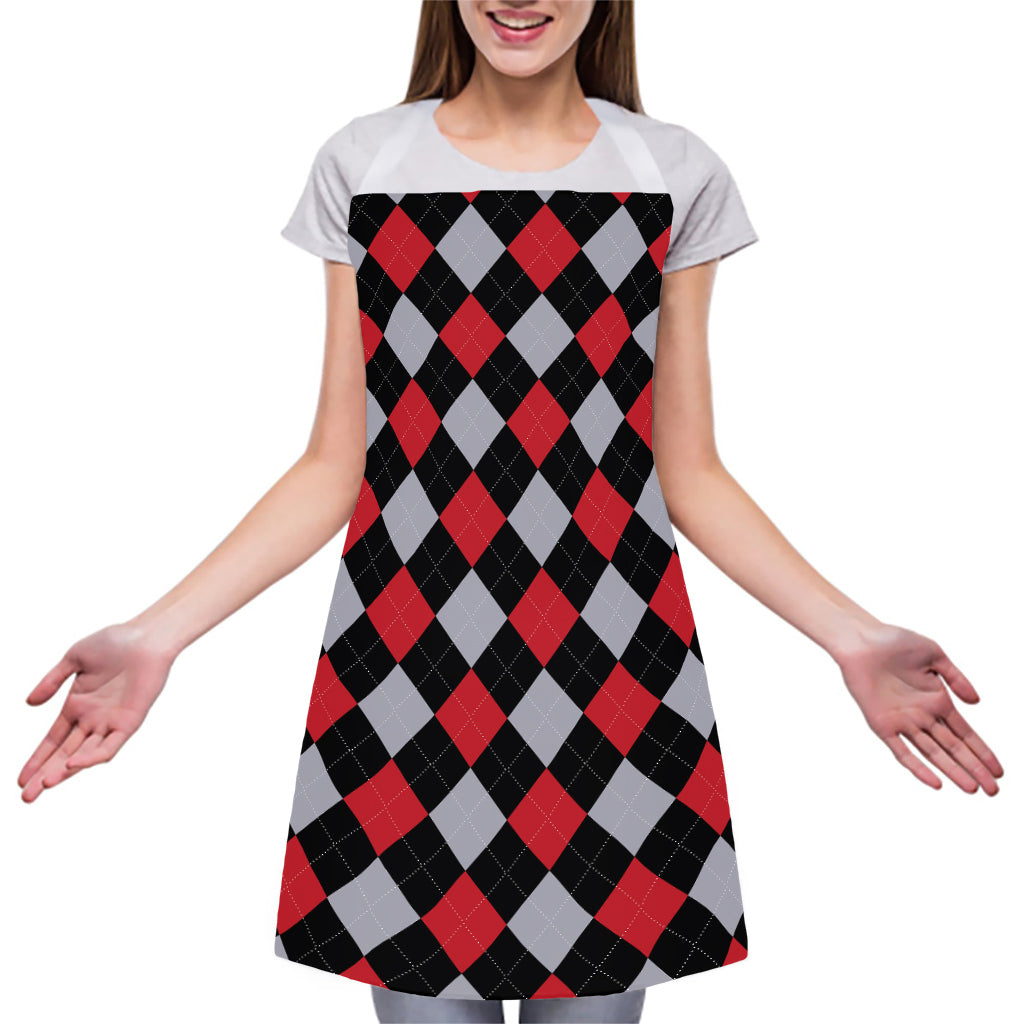 Black Red And Grey Argyle Pattern Print Adjustable Apron