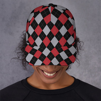 Black Red And Grey Argyle Pattern Print Baseball Cap