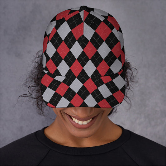 Black Red And Grey Argyle Pattern Print Baseball Cap