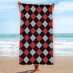 Black Red And Grey Argyle Pattern Print Beach Towel