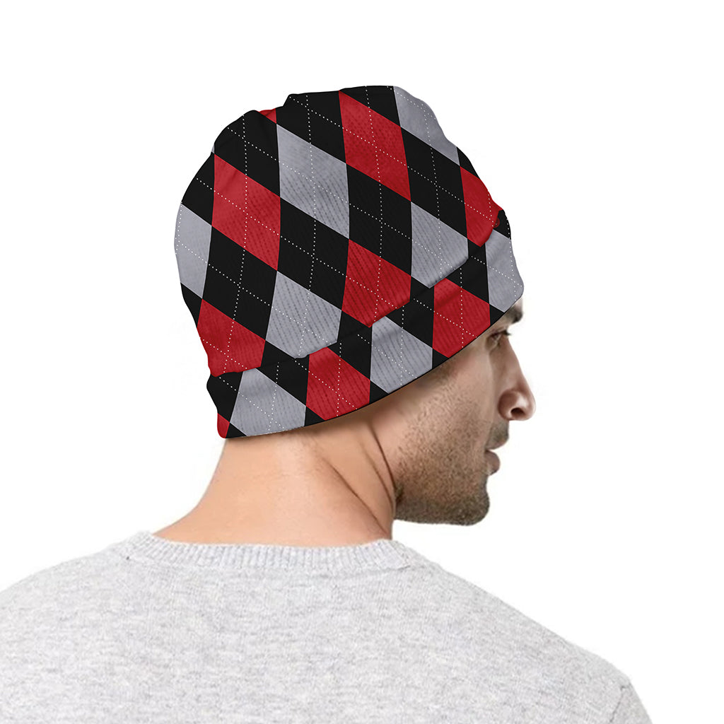Black Red And Grey Argyle Pattern Print Beanie
