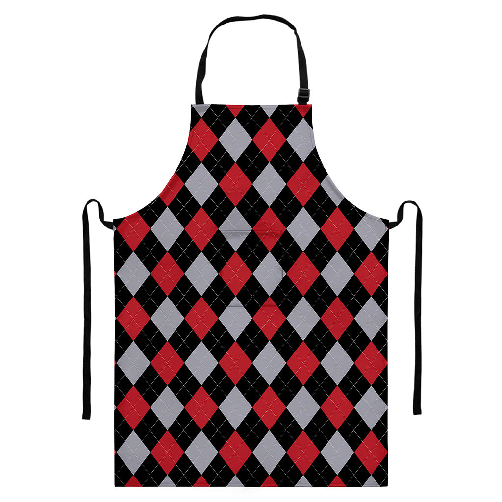 Black Red And Grey Argyle Pattern Print Bib Apron With Pocket