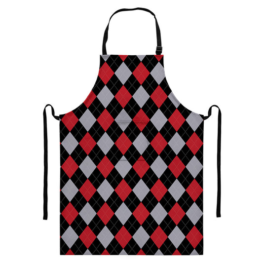 Black Red And Grey Argyle Pattern Print Bib Apron With Pocket