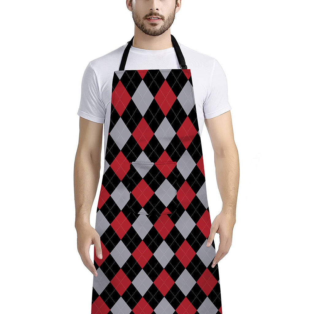 Black Red And Grey Argyle Pattern Print Bib Apron With Pocket